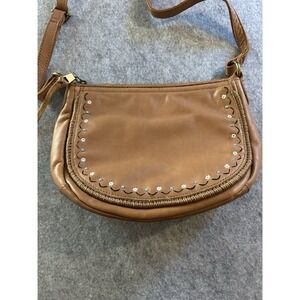 The Sak Leather Sayulita Crossbody Saddle Bag Embroidered Studded Tan Purse Boho